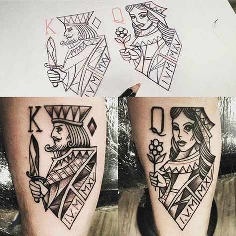 King Of Hearts Tattoo, Skull Couple Tattoo, Matching Love Tattoos, Poker Tattoo, Playing Card Tattoos, Couple Tattoo Ideas, Queen Of Hearts Tattoo, Quirky Couple, Card Tattoo Designs