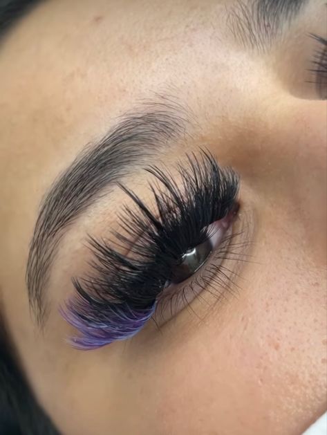 Purple And Black Lash Extensions, Volume Lash Extensions With Purple, Lashes With Purple Ends, Mega Volume Lash Extensions With Color, Purple Lashes Extensions, Volume Lash Extensions With Color, Mega Volume Wispy Eyelash Extensions, Purple Lash Extensions, Lash Extension Ideas