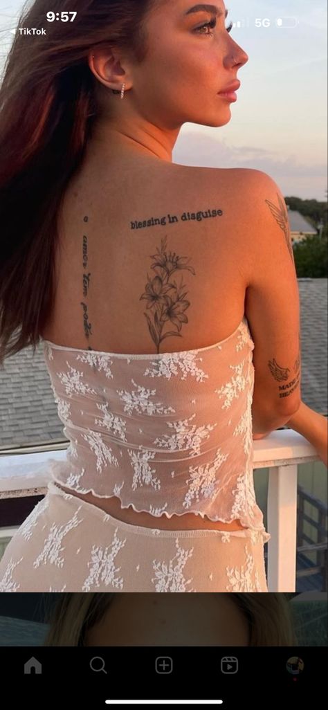 Should Flower Tattoo, Back Tattoos Flowers Women, Back Tattoo Women Scattered, Orchid Tattoo On Back, Ginger Lily Tattoo, Godspeed Back Tattoo, Rib And Back Tattoos For Women, Back Tattoo Women Placement, Backtattoos Back Women Flowers