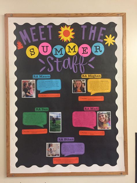 RA Meet The Staff Bulletin Board #ra #reslife #residentassistant #bulletinboard #bulletinboardideas #cricut Staff Boards Ideas, Meet The Teachers Bulletin Board, Ymca Bulletin Board Ideas, Meet Our Staff Display, Etsy Bulletin Boards, Team Building Bulletin Boards, Daycare Staff Board, Get To Know The Staff Bulletin Board, Staff Of The Month Bulletin Board