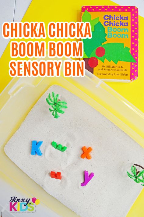 Create a fun Chicka Chicka Boom Sensory Bin for use in your home or classroom. It features themes from the book to engage and stimulate your child. #sensorybin #chickachickaboomboom #bookcraft #kidsbooks #kidsactivity #childrensbooks Chicka Chicka Boom Boom Sensory, Chicka Chicka Boom Boom, Chicka Chicka, Sensory Bin, Boom Boom, Saving Ideas, Kid Crafts, Sensory Bins, Craft Activities For Kids