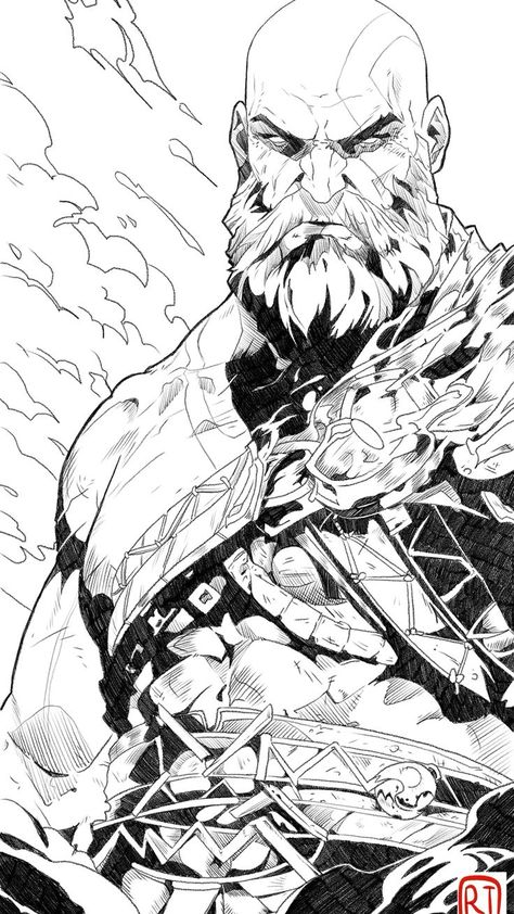 Kratos Comic Art, Kratos Line Art, Kratos Illustration, Kratos Tattoo Design, Kratos Sketch, Kratos Drawing, Kratos Art, Hockey Drawing, Grayscale Art