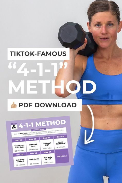 The "4-1-1" Method is the newest viral workout trend - and one I can actually get behind as a certified personal trainer. This free 7-day 411 method workout plan combines strength training, pilates and LISS cardio workouts into a well-rounded weekly workout plan. Liss Cardio, Weekly Workout Plans, Cardio Workouts, Fitness Trends, Barre Workout, Fitness Inspiration Quotes, Certified Personal Trainer, Strength Training Workouts, Weekly Workout