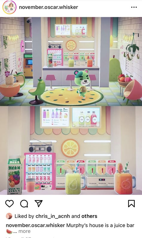 Drink Machine Design Acnh, Juice Bar Animal Crossing, Acnh Karaoke Bar, Acnh Tearoom, Acnh Hhp Ideas, Acnh Juice Bar, Animal Crossing Ice Cream Shop, Acnh Murphy, Acnh Bar Design