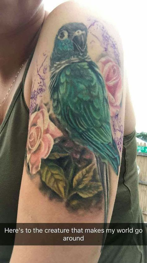 Conure tattoo Green Cheek Conure Tattoo, Sun Conure Tattoo, Conure Tattoo, Parrot Tattoo, Skin Drawing, Parrot Feather, D Tattoo, Sun Tattoos, Flower Tattoo Sleeve