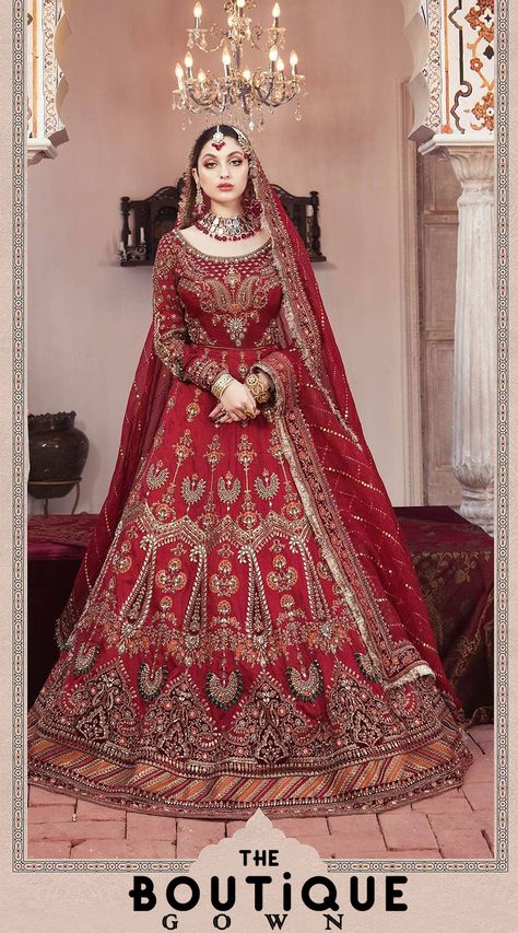 MARIA B BRIDAL LEHNGA Bridal Reception Lehenga, Long Frocks Indian, Maria B Bridal, Maxi Frocks, Wedding Dresses Indian, Reception Lehenga, Raw Silk Fabric, Bridal Lehenga Red, Lehenga Style