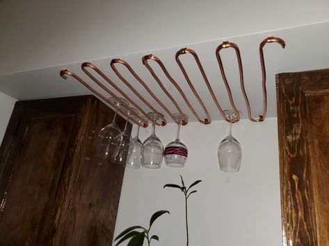 A wine glass holder made from copper tubing Wine Glass Holder Diy, Old Fridge, Wine Glass Hanger, Hanging Wine Glass Rack, Wine Glass Rack, Glass Rack, Copper Glass, Wine Glass Holder, Glass Holder