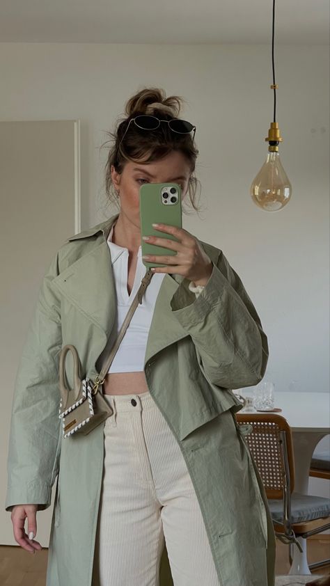 Green Trench Coat Outfit Spring, Pistachio Coat Outfit, Green Trench Coat Outfit Winter, Mint Green And Beige Outfit, Sage Trench Coat Outfit, Sage Green Trench Coat Outfit, Light Green Trench Coat Outfit, Green Long Coat Outfit, Summer Trench Coat Outfit