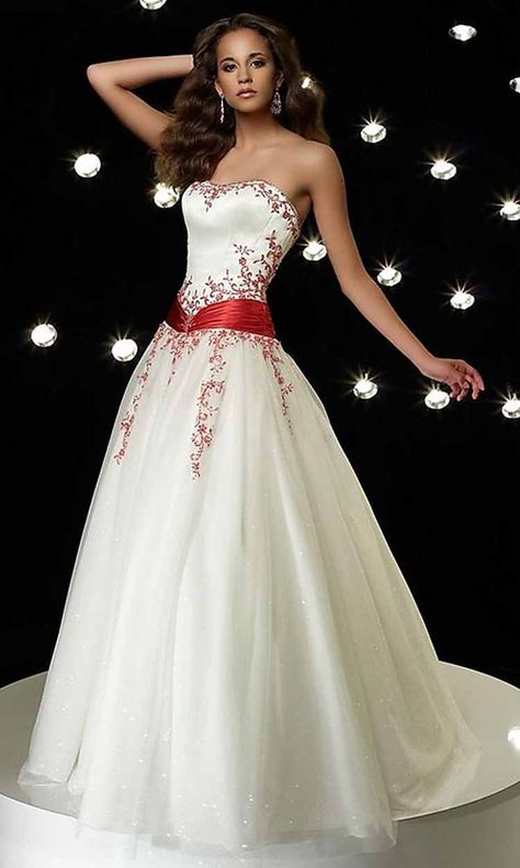 Very Beautiful Red and White Wedding Dress White And Red Wedding, Red And White Weddings, Red Wedding Dress, White Ball Gowns, 파티 드레스, Red Wedding Dresses, White Wedding Dress, Wedding Dresses Beaded, Summer Wedding Dress