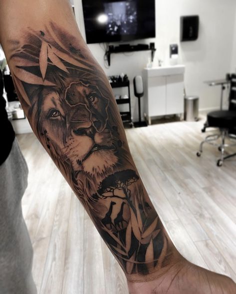 African Sleeve Tattoos For Guys, Forearm Tattoos Aesthetic, Forearm Animal Tattoo, Side Calf Tattoo Men, Animal Tattoos For Men Forearm, Lion Calf Tattoo, Lion Forearm Tattoo For Men, Inner Calf Tattoo, African Tattoo Ideas For Men