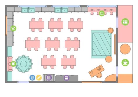 Here is a floor plan designed for young learners to explore their artistic talents and express themselves through various forms of visual arts. It displays the arrangement of teacher's desk, student tables, book shelves, and other learning resources. This classroom layout is optimized to nurture creativity, imagination, and artistic skills in elementary school students Elementary Art Classroom, Teacher's Desk, Desk Student, Classroom Layout, Teacher Desk, Elementary School Students, Book Shelves, Art Classroom, Elementary Art