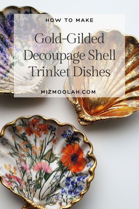 Transform ordinary shells into stunning gold-gilded dishes that not only enhance your decor but also provide a lucrative opportunity! These elegant creations can easily become a profitable venture for crafty entrepreneurs. With a bit of creativity and savvy, you can turn these unique items into a source of revenue. Ready to boost your creative side and wallet? Click through for more money-making inspirations! Diy Shell Trinket Dish, Scallop Shells Craft Ideas, Decoupage Shells Diy, Decorated Shells, Decoupage Shells, Jewelry Dishes, Diy Dish, Shells Diy, Decoupage Glue