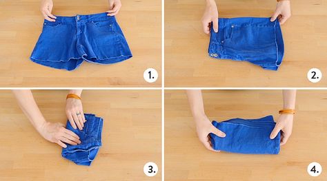 How to fold everything in your dresser, from shirts to shorts, leggings to long-sleeved tees. A no-fuss method for folding your laundry - watch the video! #["How-To", "Curbly-Original", "folding", "organization", "dresser", "bedroom", "closet", "video", "cleaning", "organizing", "DIY", "cleaning", "organizing", "clothing", "hack", "lifehack"] Folding Organization, Clothes Washing Hacks, How To Fold Shorts, Shirt Folding Trick, Organization Dresser, Closet Video, Mari Kondo, How To Fold Pants, Dresser Bedroom