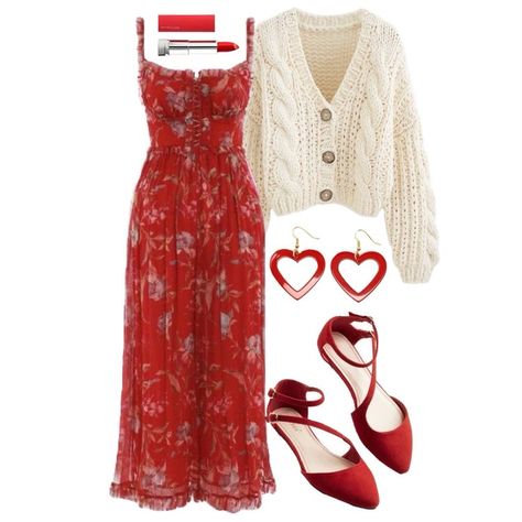 Femine Outfits Aesthetic, Date Night Outfit Ideas Casual, Classic Romantic Outfits, Red And White Outfit Aesthetic, Mode Boho, Fashion Styling, Mode Inspiration, Red Shoes, Lookbook Outfits