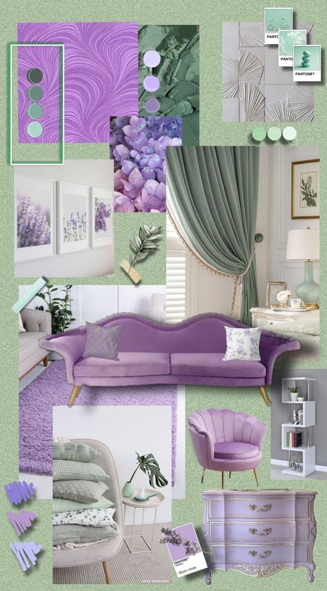 moodboard, lavanda, mint💜💚 Purple And Green Office Ideas, Purple House Interior Ideas Living Room, Lavender Office Decor, Purple And Green Office, Sage Green And Purple Bedroom, Green And Lavender Bedroom, Green Studio Apartment, Lavender Living Room Ideas, Sage And Lavender Bedroom