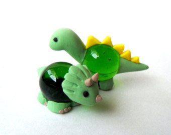 Adorable Polymer Clay Glass Figure - Dinosaurs ||| brontosaurus-esque, triceratops, marble, sculpture, toy, miniature,: Miniature Clay Ideas, Marble Animals, Fimo Clay Ideas, Glass Dinosaur, Mini Polymer Clay, Polymer Clay Kunst, Sculpey Clay, Poly Clay, Polymer Clay Animals