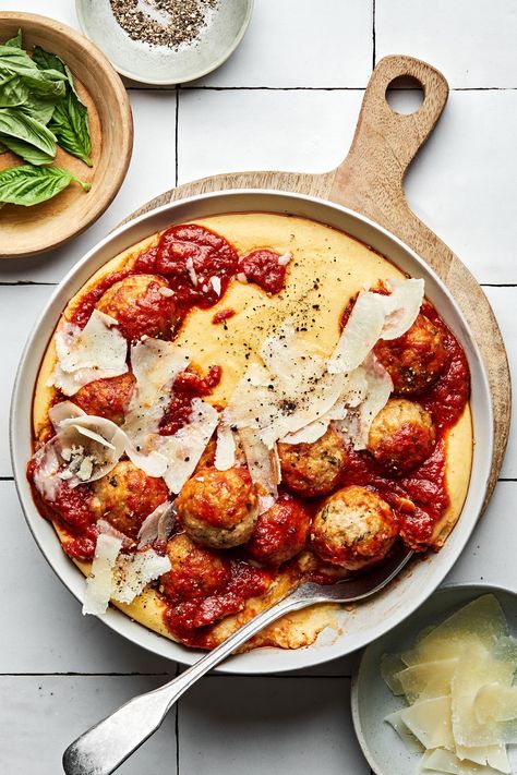 Meatballs With Polenta, Basic Polenta Recipe, Ground Chicken Meatballs, Chicken Parmesan Meatballs, Red Curry Sauce, The Modern Proper, Modern Proper, Polenta Recipes, Best Meatballs