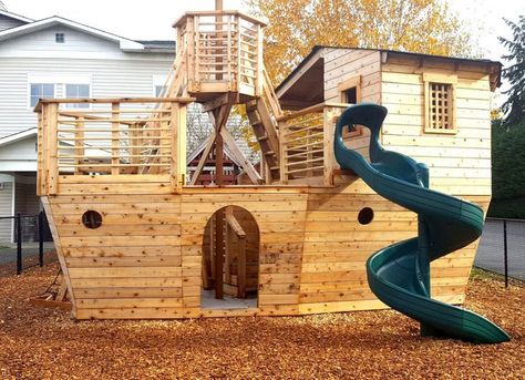 Pirate Ship Playhouse Plans, Ship Playhouse, Pirate Ship Playhouse, Spiral Slide, Backyard Playset, Playhouse Plans, Firewood Shed, Backyard Playhouse, Build A Playhouse