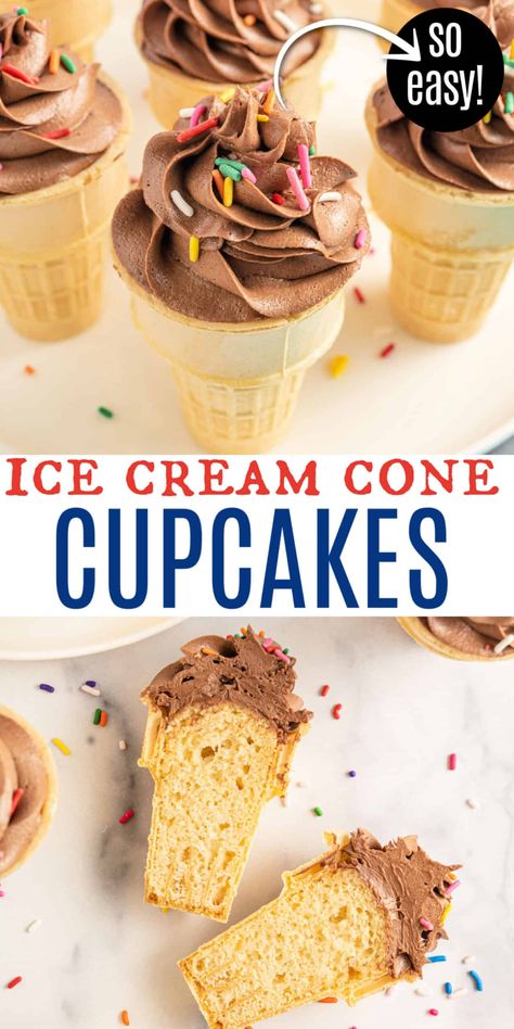 Ice Cream Cone Cupcakes combine the fun of a fluffy frosted cupcake with the delight of a cake ice cream cone to hold it in. This kid-friendly dessert is perfect for parties! Ice Cream Cone Cupcakes Christmas, White Cupcake Recipes, Cupcake Ice Cream Cones, Cone Cupcakes, Frosted Cupcakes, Ice Cream Cone Cupcakes, Kid Friendly Dessert, Tin Recipes, Cupcake Cones