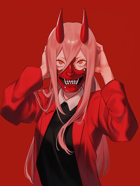 Chainsaw Man Power Wearing an Oni Mask Oni Mask Anime, Oni Mask Art, Aki Fanart, Oni Art, Chainsaw Man Power, Oni Mask, Mask Cute, Draw Art, Masks Art