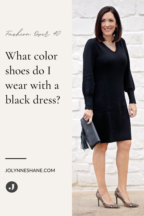 If you're wondering what color shoes to wear with a black dress, there are actually lots of options! HINT: black is the last resort. Check out this post from fashion expert Jo-Lynne Shane to see how to take your shoe wardrobe to the next level while picking the perfect match for that little black dress. Causal Black Dress, Neon Prom Dresses, Silver Cocktail Dress, Below The Knee Dresses, Random Fashion, Shoe Wardrobe, Color Shoes, Look Formal, Black Dress Outfits