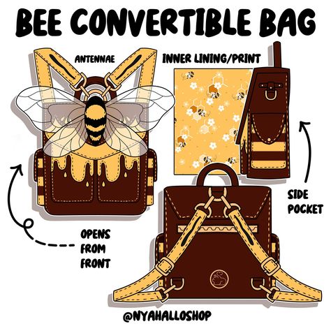 Bee convertible bag to match with our other bee designs 🐝 What other animals or themes would you like to see for our bag series? #indiedesigner #smallbusinessowner #beedesign #beekeeper #cutefashion #fashiondesigner #altfashion #inspiredbynature #dopaminedressing Nyahallo Designs, Bee Designs, Alpine Design, Clothing Design Sketches, Bee Inspired, Drawing Anime Clothes, Dress Design Sketches, Convertible Bags, Sewing Design