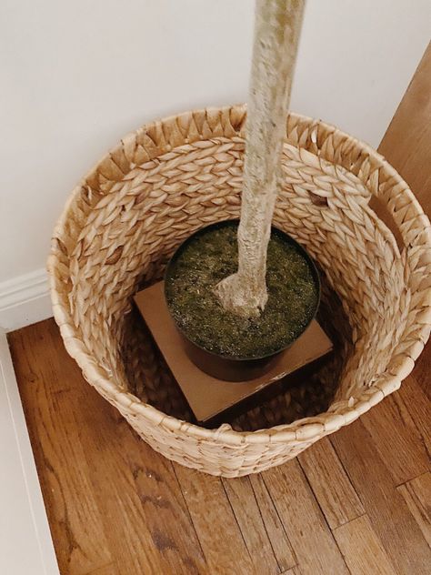 Baskets For Faux Trees, Faux Tree Basket, Faux Olive Tree In Basket, How To Make A Faux Tree Look Real, Faux Olive Trees In Pots, Boho Planters Indoor, Faux Olive Tree Indoor Diy, Faux Planter Fillers, Faux Olive Tree Styling