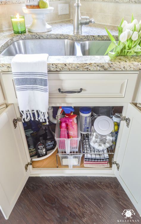 Organization for Under the Kitchen Sink. #kitchendesign #organization Farmhouse Kitchen Sinks Storage, Kitchen Sink Soap And Sponge Organization, Under Kitchen Sink Storage With Garbage Disposal, Under Sink Cleaning Supply Storage, Organizing Cleaning Supplies Under Sink, Corner Kitchen Sink, Under The Kitchen Sink, Sink Organization, Kitchen Sink Organization