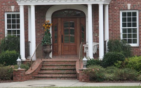 Front porch steps Curved Brick Steps Front Porch Entrance, Round Steps Front Porches, Curved Front Porch Steps, Brick Front Porch Steps, Steps Architecture, Front Porch Step, Brick Front Porch, Front Porch Pillars, Concrete Front Steps