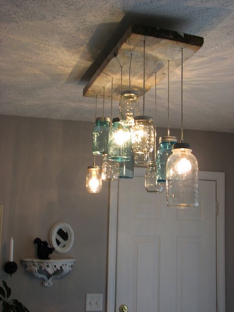 for dinning room Diy Luminaire, Jar Chandelier, Mason Jar Chandelier, Diy Lampe, Deco Luminaire, Hemma Diy, Room Chandelier, Mason Jar Lighting, Jar Lights