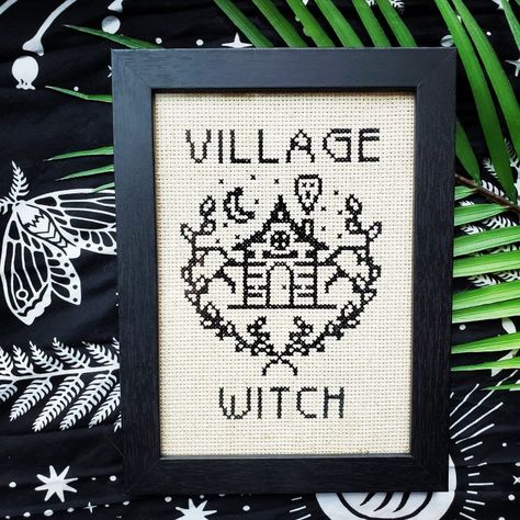 King Of The Hill Cross Stitch, Goblincore Cross Stitch, Cryptid Cross Stitch, Complicated Embroidery, Goth Cross Stitch, Witchy Cross Stitch, Spooky Cross Stitch, Village Witch, Pagan Cross Stitch