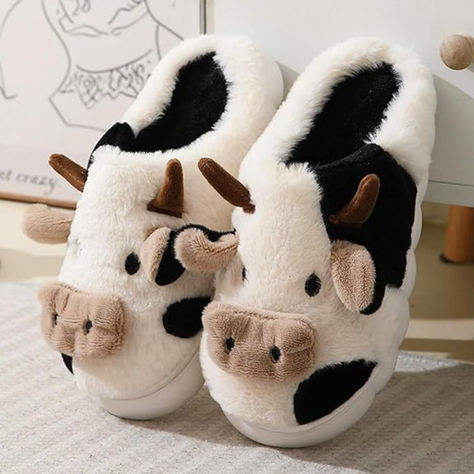 Cow Slippers for Women - Fluffy Animal Slippers for Adults, Cartoon Cute Cow Slides, Kawaii Winter Aesthetic Slippers, Fuzzy and Cozy Cotton House Shoes for Indoor and Outdoor Wear, Soft Warm Plush Cow Slides, Aesthetic Slippers, Random Wishlist, Kawaii Winter, Cow Slippers, Cotton House, Animal Slippers, Cute Cow, Slippers For Women