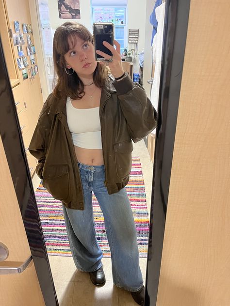 fall outfit brown leather jacket docs thrifted granola jeans bangs Styling Brown Corduroy Jacket, Big Brown Jacket Outfit, Brown Oversized Jacket Outfit, Dad Jacket Outfit, Granola Jeans, Brown Jean Jacket Outfit, Oversized Corduroy Jacket Outfit, Courdory Jacket Outfits, Brown Corduroy Outfit