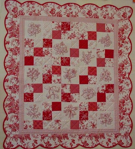 Alex Anderson Free Redwork Patterns | Alice's Looking Glass: Redwork Romance Redwork Quilts, Quilt Assembly, Quilting Beginners, Redwork Embroidery Patterns, Redwork Patterns, Quilt Room, Quilted Projects, Pink Quilt, Two Color Quilts