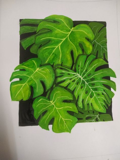 Tropical Leaf Painting Acrylic, Lukisan Pokok, Plant Art Painting, Seni Mural, Tropical Painting, Boho Art Drawings, Color Drawing Art, Colored Pencil Artwork, Flower Art Drawing