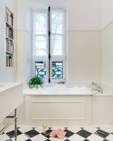 Kasha Paris (@abkasha) • Instagram photos and videos Kasha Paris, Earth Tone Bathroom, Parisian Windows, Parisian Bathroom, Paris Bathroom, Chic Apartment Decor, Checkered Floor, Home Spa Room, 1920s House