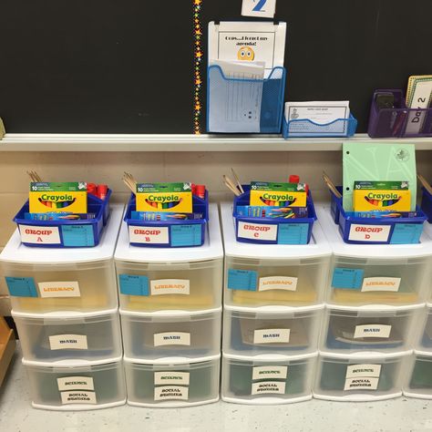 Organizing student materials for flexible seating Classroom Table Storage Student, Table Group Organization, Student Materials Organization, Student Table Organization, Student Storage In Classroom, Classroom Table Storage, Classroom Table Organization, Student Supply Organization, Iready Math