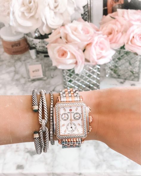 David Yurman Bracelet Stack With Watch, Michele Watch Stack, Michele Watch With Bracelets, David Yurman Stacked Bracelets, Yurman Bracelet Stack, David Yurman Bracelet Stack, Michele Watches Women, Bulova Mens Watches, Michele Watch