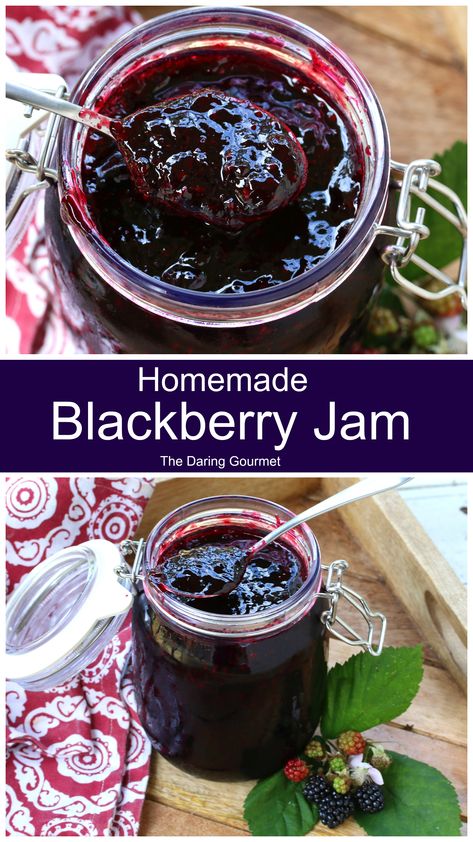 Bursting with fresh blackberry flavor, this homemade blackberry jam is easy to make, is made without pectin and tastes phenomenal! Blackberry Jelly Recipe, Blackberry Jam Recipe, Daring Gourmet, Homemade Blackberry Jam, Blackberry Jam Recipes, Canning Jam Recipes, Canning Ideas, Blackberry Recipes, Jam Recipes Homemade