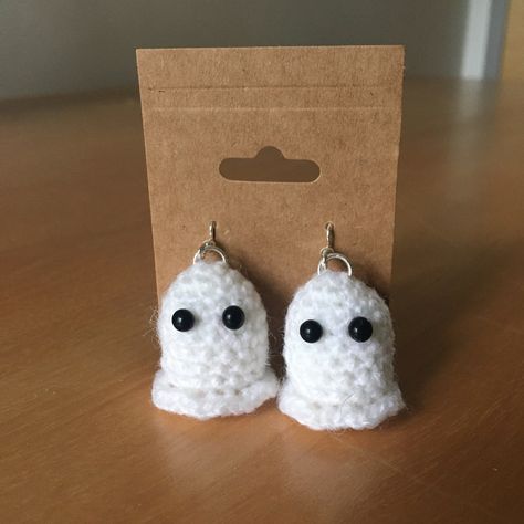 "Ghost Earrings (amigurumi) - Approx. 1\" tall, 1\" long, 1 \" wide Lightweight and easy to wear.  Check out our full collection for additional products! Handmade with love♡" Crochet Ghost Earrings, Spooky Crochet, Crochet Ghost, Mini Crochet, Ghost Earrings, Crochet Square Patterns, Square Patterns, Crochet Square, Handmade With Love