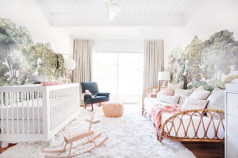 A Baby Girl’s Blush and Green Nursery Em Henderson, Rattan Headboard, Stylish Nursery, Green Nursery, Boho Deco, Baby's Room, Modern Nursery, Nursery Inspiration