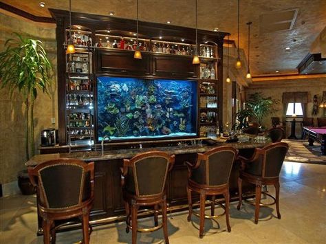 fish tank display behind in-home bar Bar Fish Tank, Fish Tank Bar, Big Fish Tank, Aquarium Bar, Fish Infographic, Big Fish Tanks, Big Aquarium, Amazing Aquariums, Cool Fish Tanks