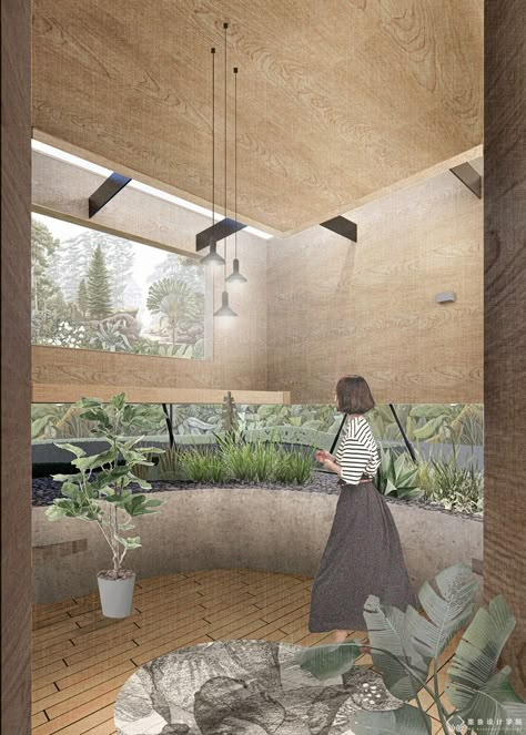 Architecture Interior Render, Render Styles Architecture, Architectural Precedent Study, Architecture Rendering Styles, Indoor Garden Architecture, Circulation Architecture, Collage Render, Section Drawing Architecture, College Architecture