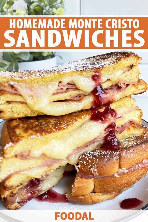 If a buttery triple-decker sandwich sounds like your cup of tea, you’ll fall hard for our melty Monte Cristo. After stacking ham and nutty Gruyère on puffy brioche, it's dipped in egg wash, griddled, dusted with powdered sugar, and served with sweet and tart raspberry jam. Read more. #montecristo #sandwich #foodal Montecristo Sandwich, Monte Cristo Sandwich Recipe, Monte Cristo Sandwich, Easy Sandwich Recipes, Easy Main Dishes, Monte Cristo, Simple Sandwiches, Sandwiches For Lunch, Best Sandwich