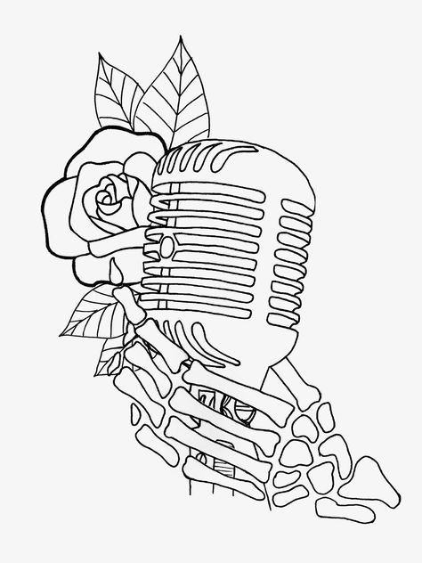 Microphone Tattoo Stencil, Music Tattoo Stencil, Skull Music Tattoo, Microphone Tattoo Design, Microphone Tattoo, Skull Tattoo Flowers, Music Notes Tattoo, Flower Tattoo Drawings, Skull Coloring Pages