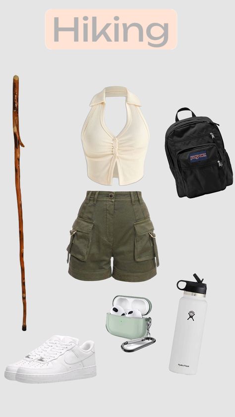 Hiking outfit and attire!! 🤍 { #hiking#nature#outfit#hikinginstyle } Cute Summer Hiking Outfit, Hiking Outfit Summer Aesthetic, Cute Hiking Clothes, Hiking Aesthetic Outfit, Hiking Ootd, Spring Hiking Outfits, Aesthetic Hiking Outfit, Outdoorsy Aesthetic, Dress Hairstyle