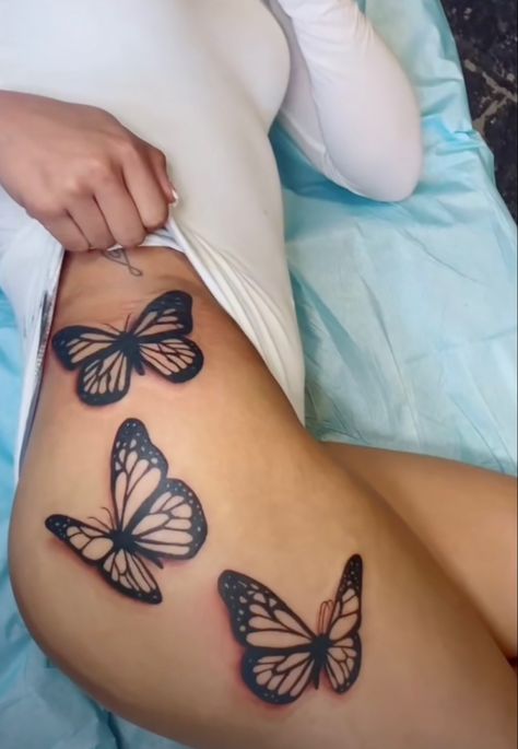 Butterflies Going Down Leg Tattoo, Inner Thigh Butterfly Tattoo, Colar Bone Tattoo Black Women, Butterfly Thigh Tattoos Women, Butterfly Leg Tattoo Thighs, Butterfly Leg Tattoos, Butterfly Thigh Tattoo, Cute Thigh Tattoos, Simple Tattoos For Women