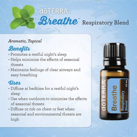 dōTERRA Breathe is a remarkable blend of essential oils including Laurel Leaf, Peppermint, Eucalyptus, Melaleuca, Lemon, Ravensara, and Cardamom Breathe Doterra, Essential Oils For Asthma, Essential Oils For Breathing, Terra Essential Oils, Doterra Breathe, Essential Oil Usage, Essential Oils For Babies, Doterra Essential Oils Recipes, Essential Oils Health