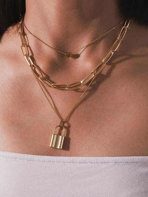 Heart Lock Pendant Layered Necklace  GOLD SILVER , #sponsored, #Pendant, #Lock, #Heart, #Layered, #SILVER #Ad Small Heart Pendant, Silver Necklace Simple, Necklace Outfit, Lock Pendant, Necklace With Heart, Star Charm Necklace, Layered Necklaces Silver, Heart Lock, Lock Necklace