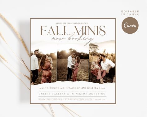 Photography Social Media Design, Photographer Design, Mini Session Template, Fall Mini Sessions, Pricing Guide, Marketing Flyers, Design Websites, Facebook Timeline Covers, Paper Photo